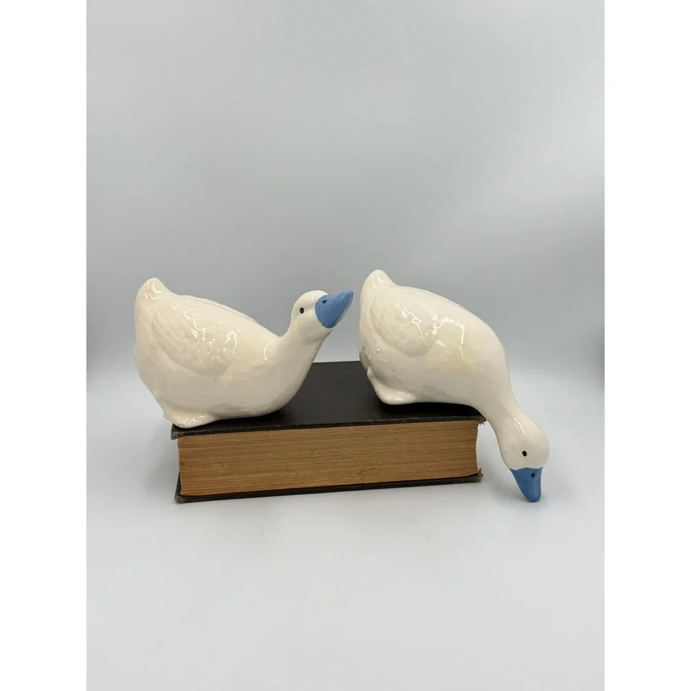 Ceramic Duck Figurines Set of 2 Cream Blue Beak Farmhouse Cottage Decor 7